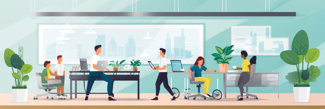 Open-space office with sustainable ergonomic furniture and Wellness First banner.