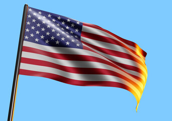The image shows a waving American flag against a clear sky 3d image