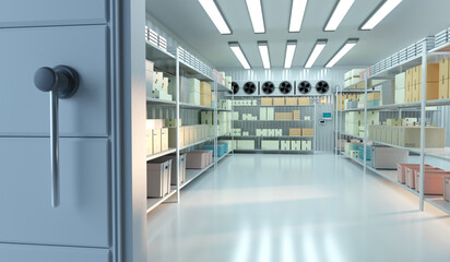 A modern warehouse with neatly organized shelves holding various packages and appliances 3d image
