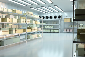 Modern, spacious warehouse interior with neatly organized shelves and bright lighting 3d image