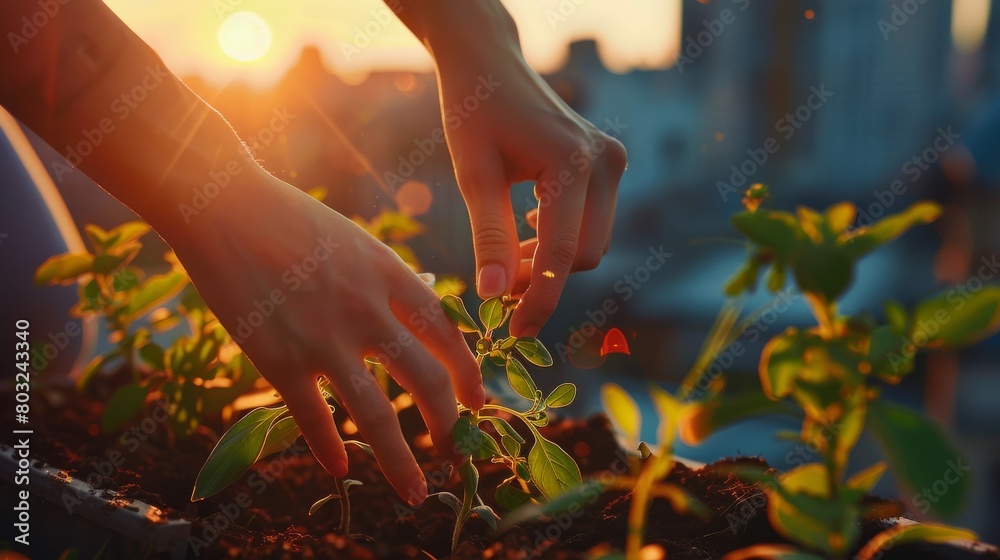 Wall mural Hands plant vibrant greenery in a small pot on a balcony. Hands arrange plants in a pot against an urban backdrop during golden hour.