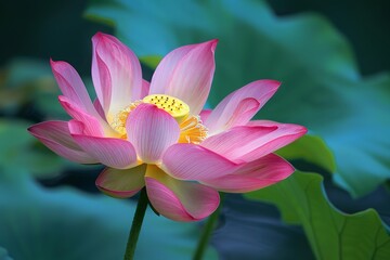 A pink lotus flower stands out against a backdrop of green leaves in this close-up shot