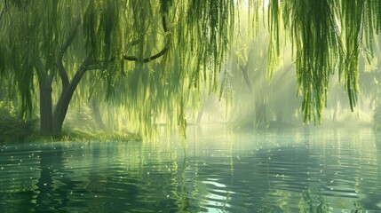 Mystical willow trees over a serene lake in a foggy, tranquil setting