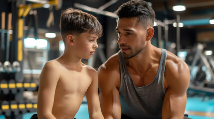 Father and son having a serious conversation during gym workout