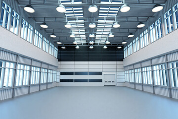 An empty industrial warehouse interior with bright lighting and large windows 3d image