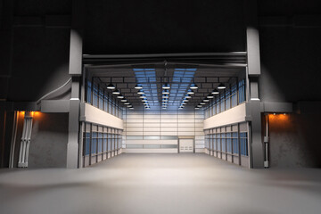 Modern empty warehouse interior with lights and large open space 3d image