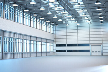 Modern spacious empty warehouse interior with large windows 3d image