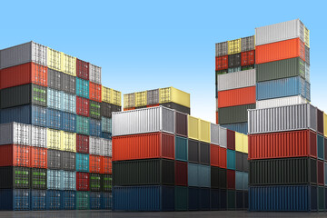 Stacks of colorful shipping containers against a clear blue sky. 3d image
