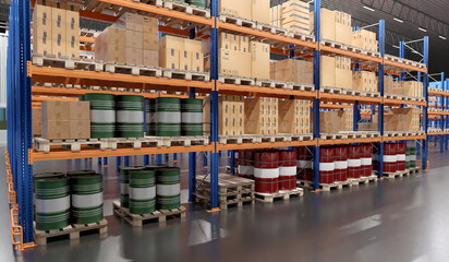 Warehouse interior with shelves stocked with boxes and barrels 3d image