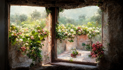 Oil painted italian old building garden with green plants and flowers