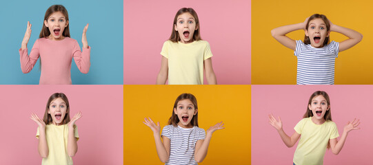 Collage with photos of surprised girl on different color backgrounds