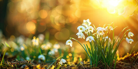 Beautiful Snowdrop flowers blooming in the sunlight with a soft bokeh effect in the background