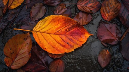 Glowing orange autumn leaf surrounded by dark wet foliage in a serene setting