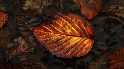 Glowing orange autumn leaf surrounded by dark wet foliage in a serene setting