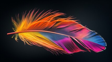 A vibrant, exotic bird feather, its myriad of colors striking against a solid dark background.