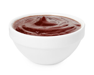 Tasty barbecue sauce in bowl isolated on white