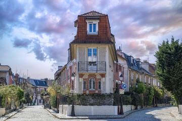 Paris, picturesque neighborhood of the Campagne in Paris, in the 20e arrondissement, in spring 
