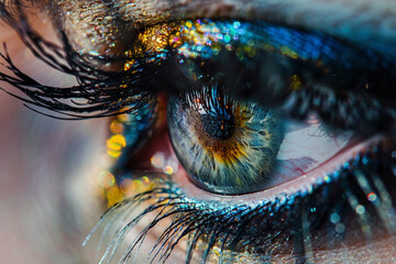 A macro capture of an eye with glamorous false lashes, adding depth and intensity to its expression.