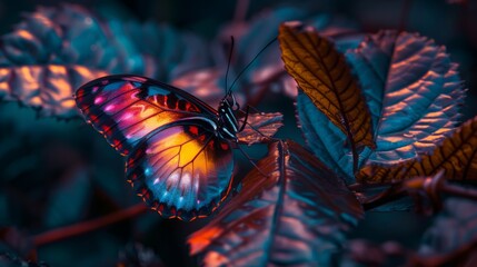 Stunning close-up of a vibrant butterfly with iridescent wings perched on a leaf