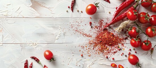 A flat lay image of a white wooden table featuring a red spice rack with dried paprika, chili peppers, and tomatoes scattered on the kitchen surface, creating free space alongside red spices.