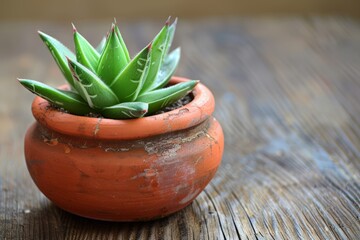 A potted plant is placed on a wooden table, creating a simple and natural display in a room