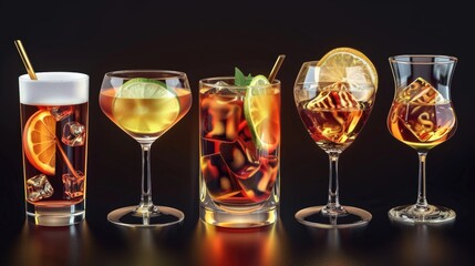 Assorted beverages in glassware. Suitable for menu design