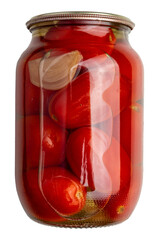 A Glass Jar of Vibrant Red Tomatoes with Garlic Slices isolated