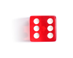 One red game dice isolated on white, top view