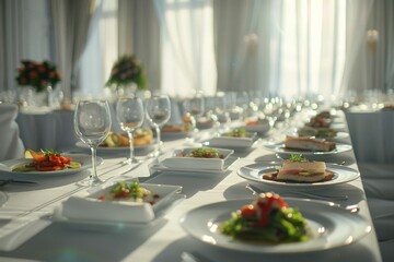 Freshly prepared meals on white plates, elegantly arranged on a white dining table near a window.