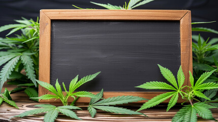 Young cannabis plants surrounding a mini blackboard, representing education and awareness in cannabis cultivation