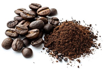 High angle view of coffee beans and ground coffee on a white backdrop. - Powered by Adobe