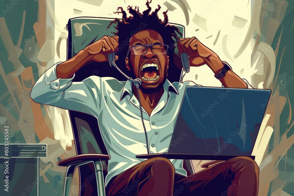 Poster a man sitting in a chair with a laptop on his lap. suitable for technology and remote work concepts