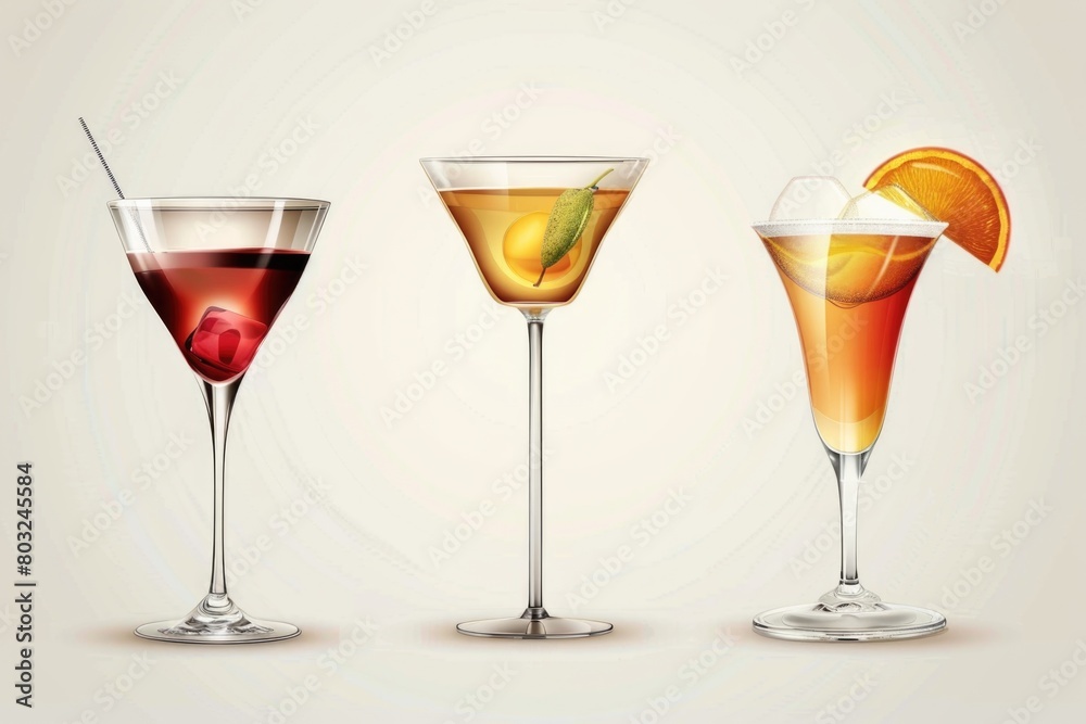 Poster Three different types of cocktails lined up in a row. Great for menu designs or summer party invitations