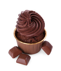 One delicious cupcake and chocolate pieces isolated on white