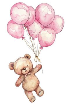 recommend clip art: watercolor clipart cute nursery teddy bear floating from a pack of pink balloons