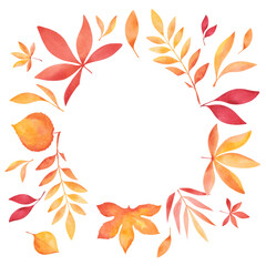 A background of colorful autumn leaves with a round empty space in the center for text, hand-drawn. Template for a postcard, invitation, holiday, design. Watercolor seasonal illustration