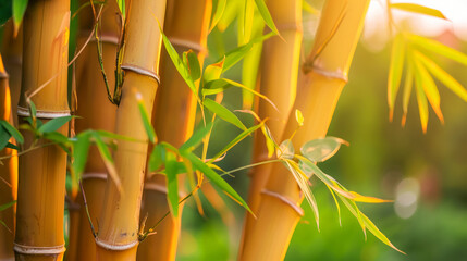 Golden bamboo shoots against a blurred background, emphasizing the natural beauty and texture of...