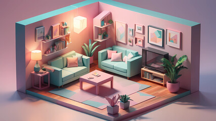 cube cutout of an isometric living room, 3d art, pastel colors, soft lighting, high detail, artstation, concept art, behance, ray tracing