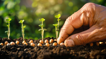 Farmer's hand carefully planting seeds in fertile soil at sunrise, capturing the essence of sustainable agriculture and growth