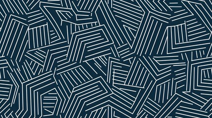 Seamless Blue Geometric Striped Abstract Pattern with Intricate Minimalist Line Art Design