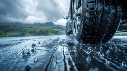 Summer tire on wet asphalt with green landscape in background car tire detail. Concept Car Tires, Summer Driving, Wet Road Conditions, Green Landscapes, Tire Details