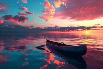 serene canoe floating on tranquil water under breathtaking sky ai generated landscape