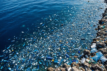 a polluted ocean, its once brilliant blue hue marred by floating plastic trash