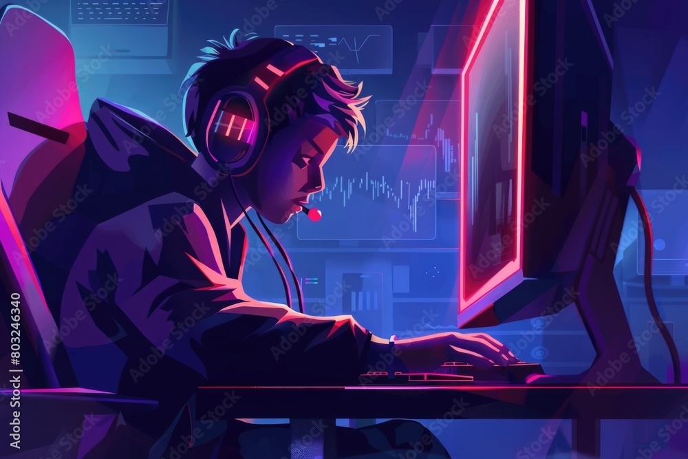 Poster a man sitting in front of a computer with headphones