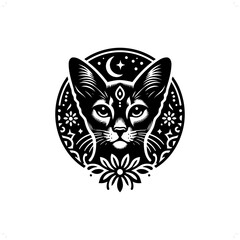 cat silhouette in bohemian, boho, nature illustration