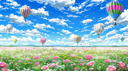 hot air balloons aerostats against a background of blue sky over a field of flowers