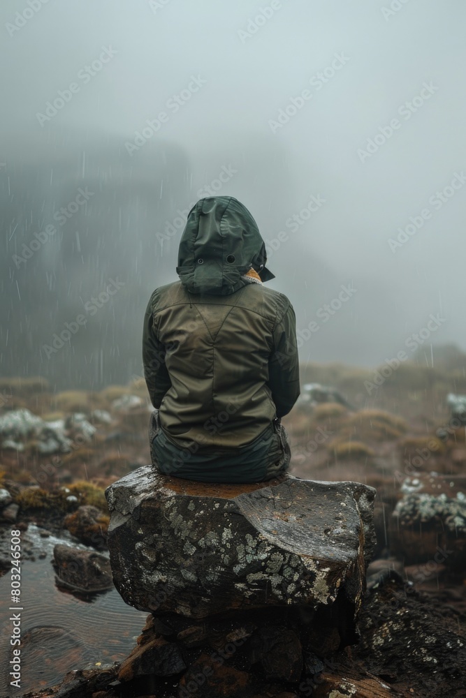 Aufkleber a person sitting on a rock in the rain. suitable for weather or solitude concepts