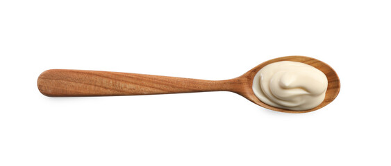 Natural yogurt in wooden spoon isolated on white, top view
