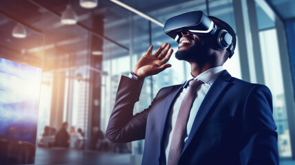 Professional male using VR headset in a tech startup environment, engaged in virtual simulation