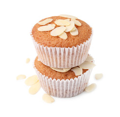 Muffins with fresh almond flakes isolated on white